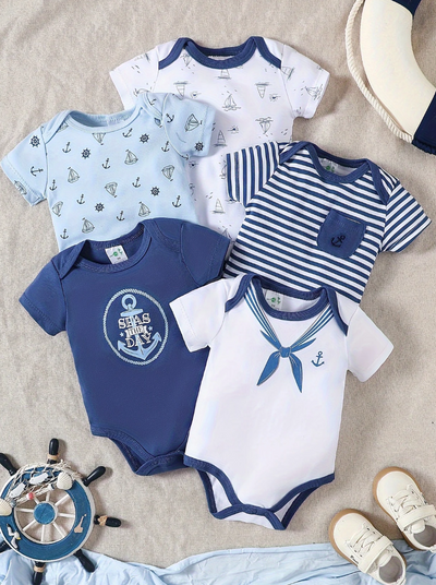 Ensemble 5 pièces de barboteuses pour bébé de style maritime