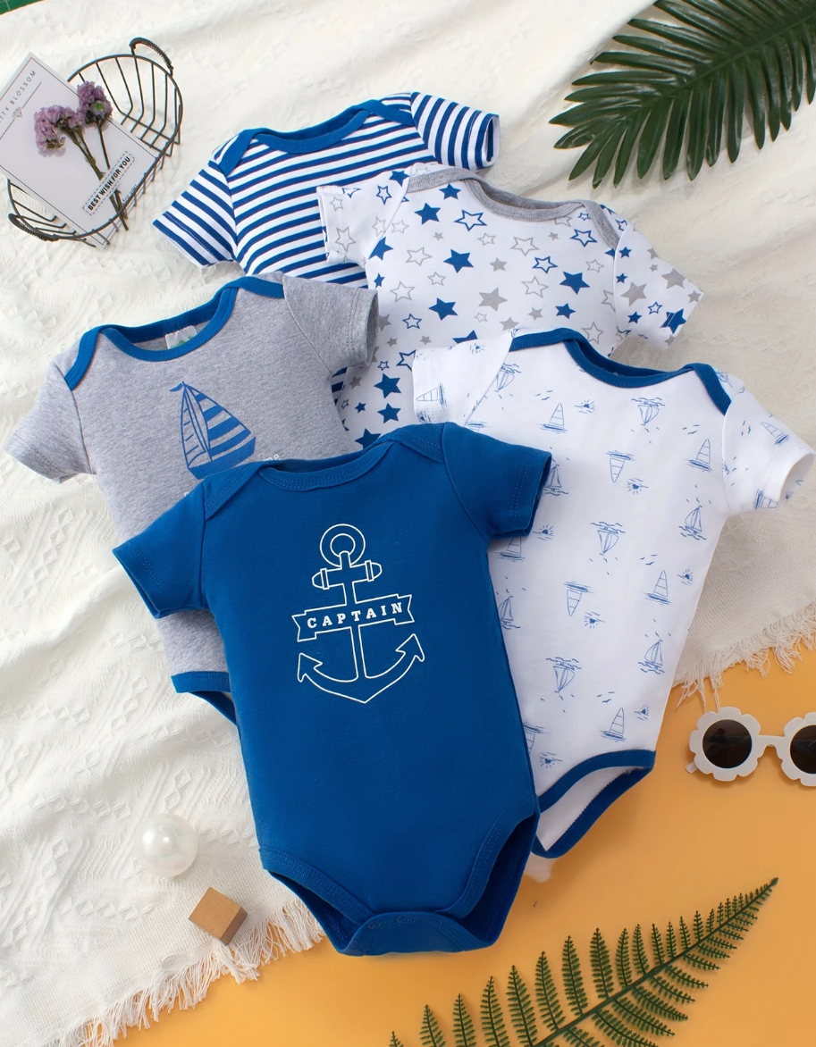 Ensemble 5 pièces de barboteuses pour bébé – Style maritime