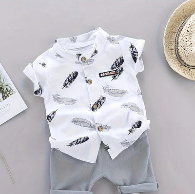 Ensemble d'été 2 pièces pour bébé : haut blanc, short gris