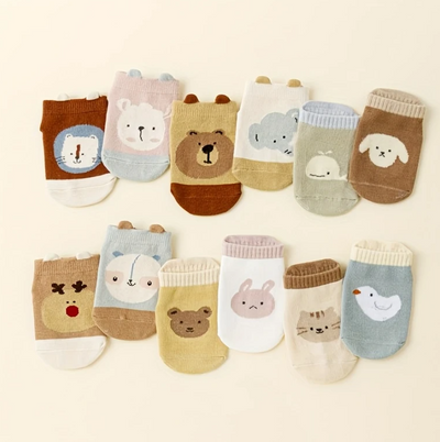 12 paires de chaussettes antidérapantes à imprimé animal de dessin animé