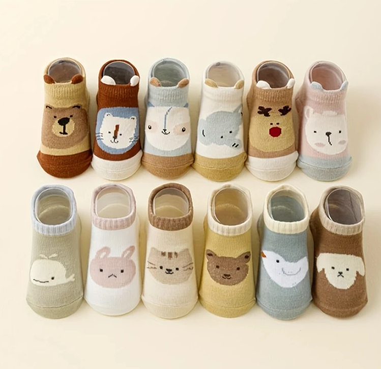 12 paires de chaussettes antidérapantes à imprimé animal de dessin animé