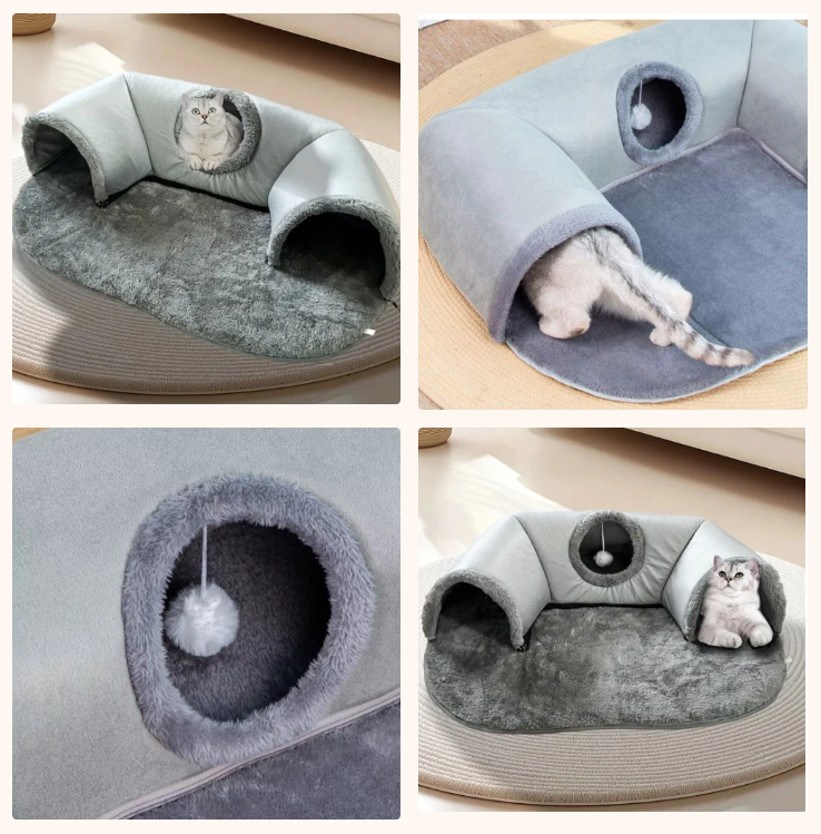 Lit tunnel 3 en 1 pour chat - Gris