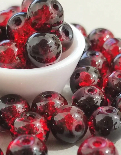 Fil de 50 perles de verre de 8 mm – Noir-Rouge