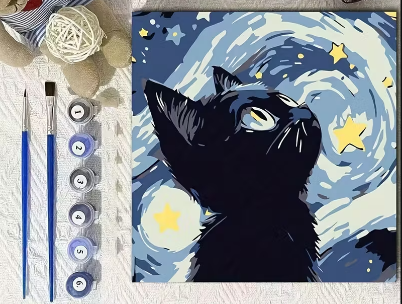 DIY Oil Painting Cats Starry Sky