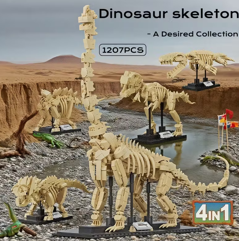 Dino Bouwset – 4 Skeletmodellen op Display (1207 Stuks)