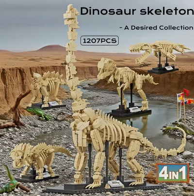 Dino Bouwset – 4 Skeletmodellen op Display (1207 Stuks)