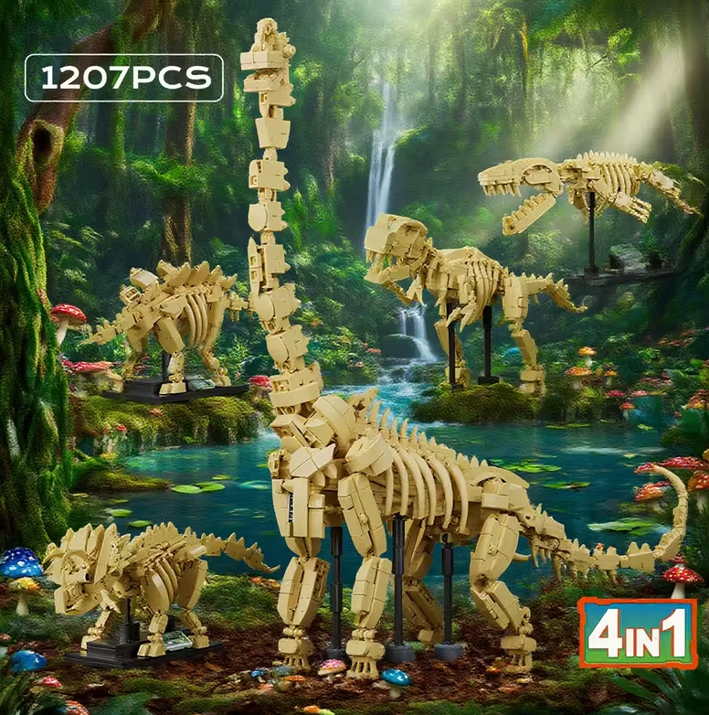 Dino Bouwset – 4 Skeletmodellen op Display (1207 Stuks)
