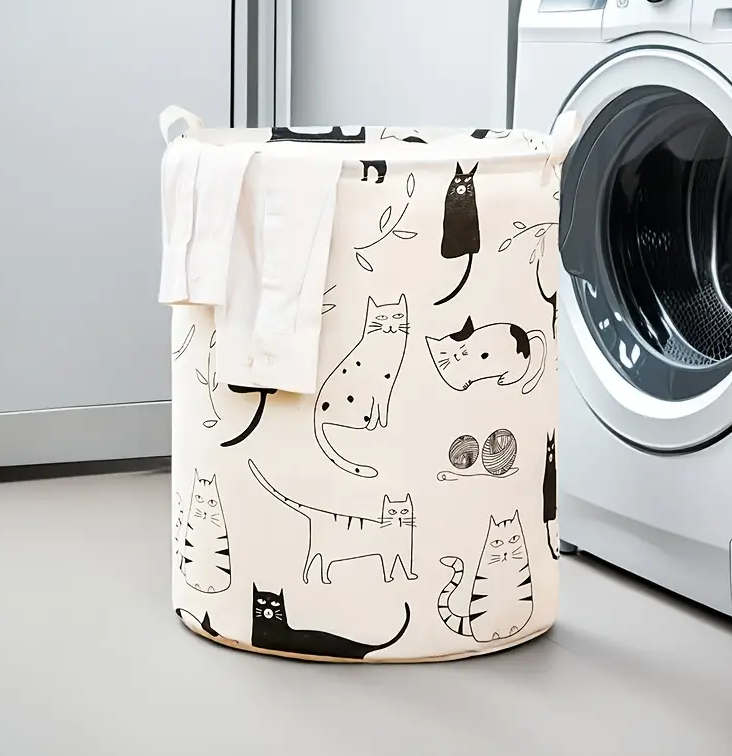 Foldable laundry basket with cat print