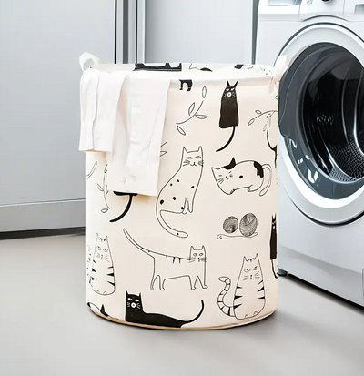 Foldable laundry basket with cat print