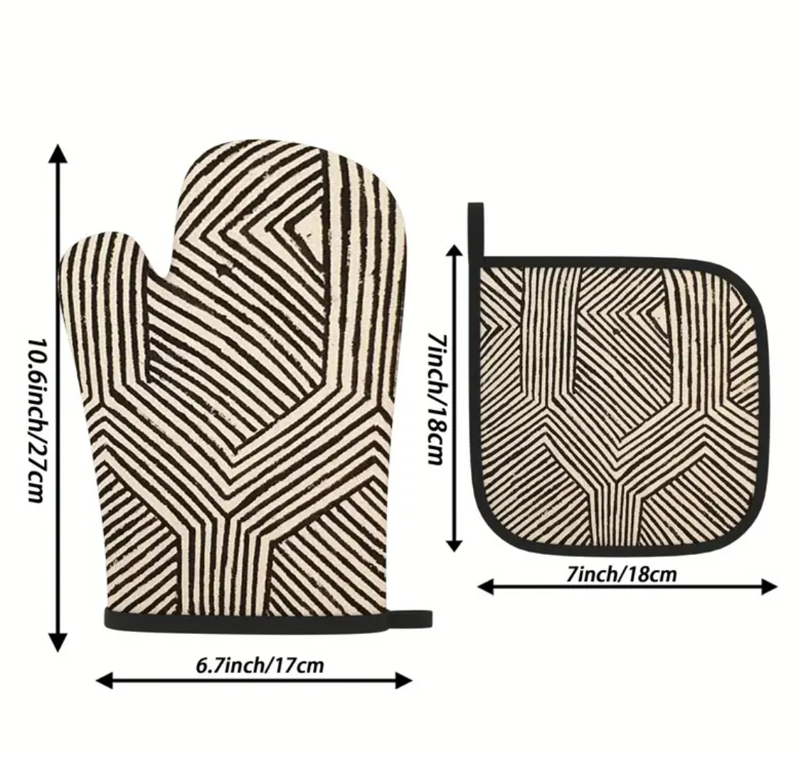 gant de cuisine et manique à motifs géométriques noirs et blancs