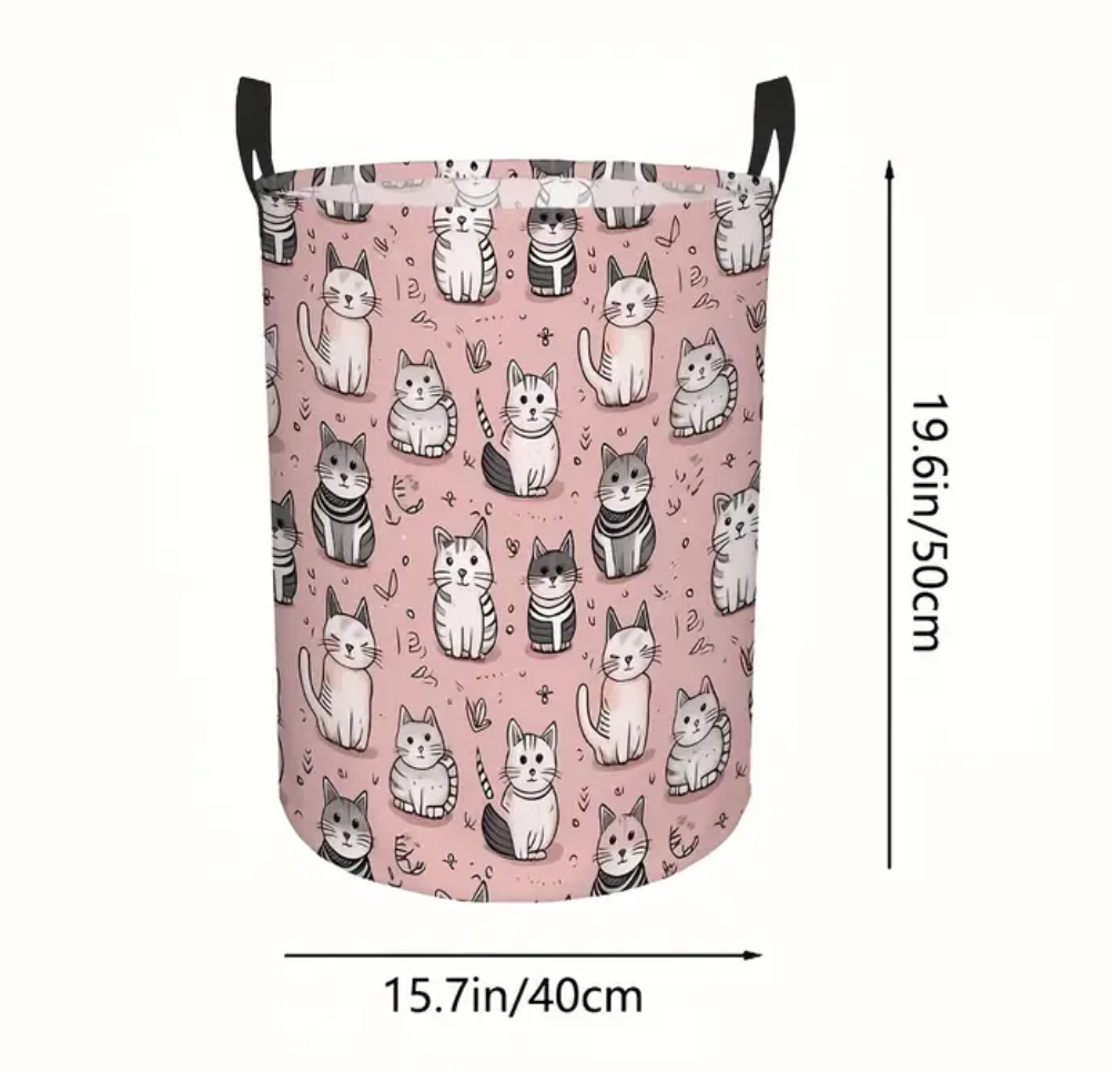 Pink laundry basket with cats