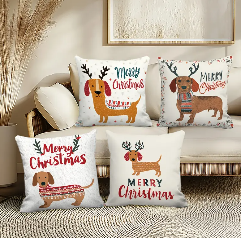 Kerst Kussenhoezen Set van 4 – Dachshund & Rendier Design