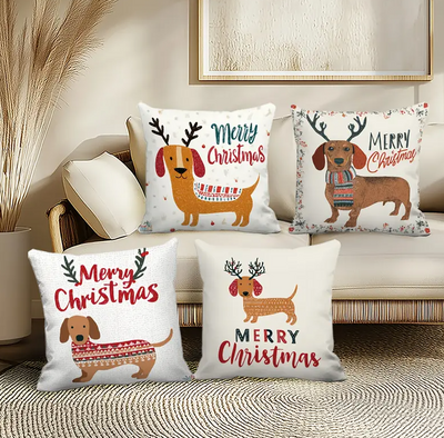 Kerst Kussenhoezen Set van 4 – Dachshund & Rendier Design
