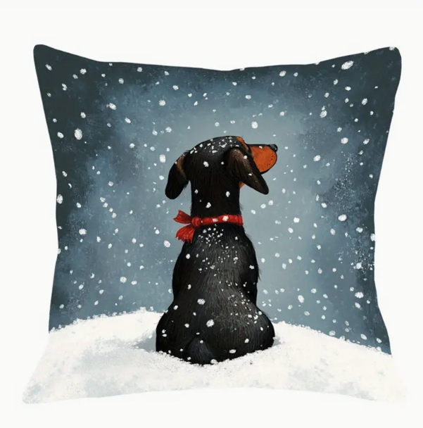 Kerst Kussenhoes met Teckel in de Sneeuw