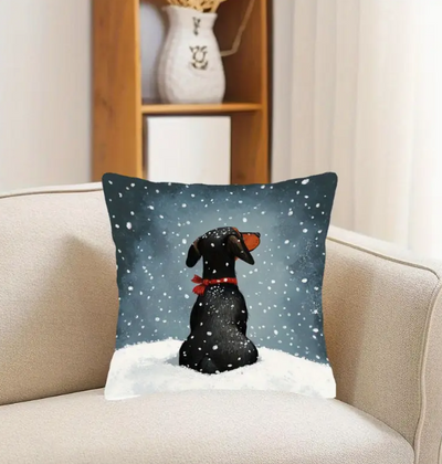 Kerst Kussenhoes met Teckel in de Sneeuw