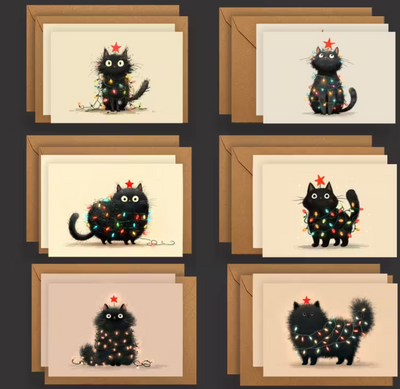 Set van 12 Kerstkaarten met Kattenmotief