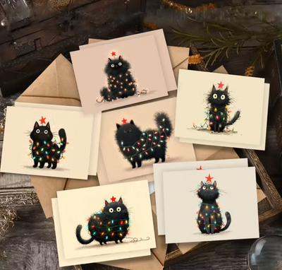 Set van 12 Kerstkaarten met Kattenmotief