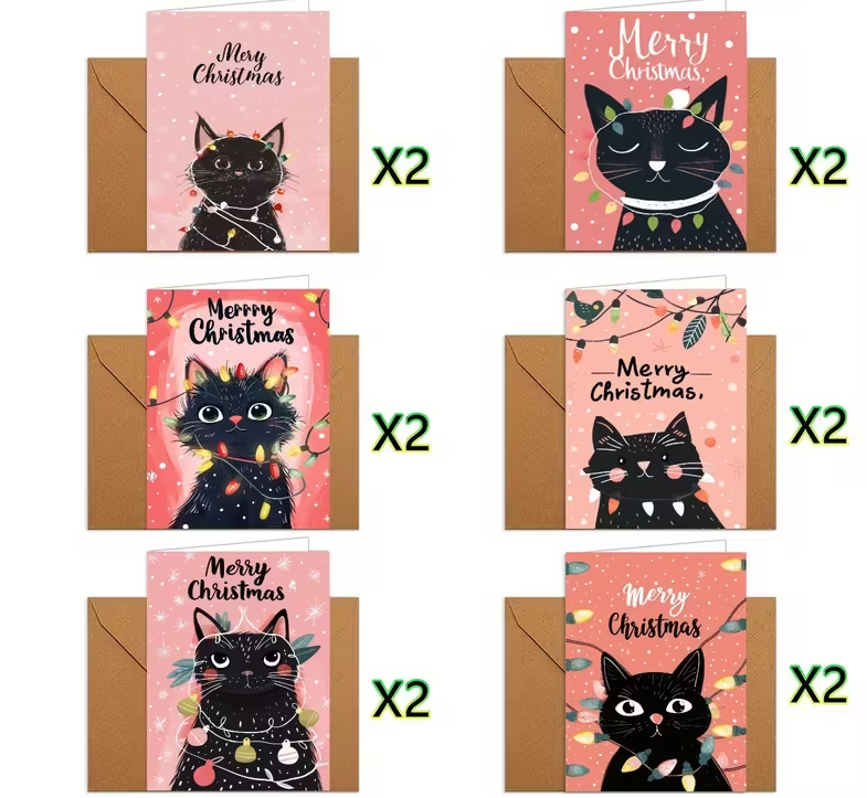Set van 12 Roze Kerstkaarten met Zwarte Katten