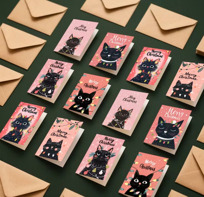 Set van 12 Roze Kerstkaarten met Zwarte Katten