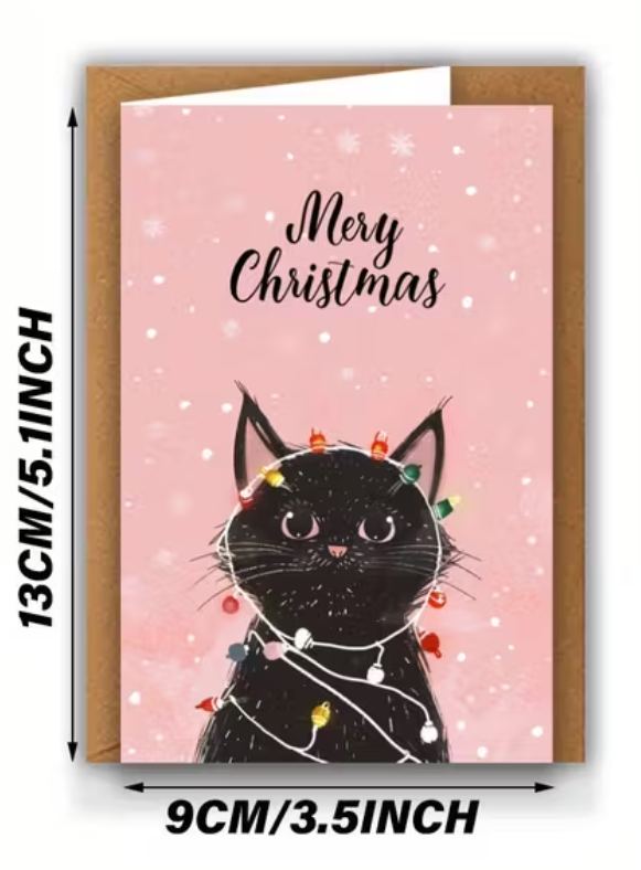 Set van 12 Roze Kerstkaarten met Zwarte Katten