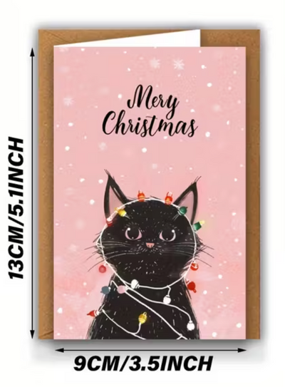 Set van 12 Roze Kerstkaarten met Zwarte Katten