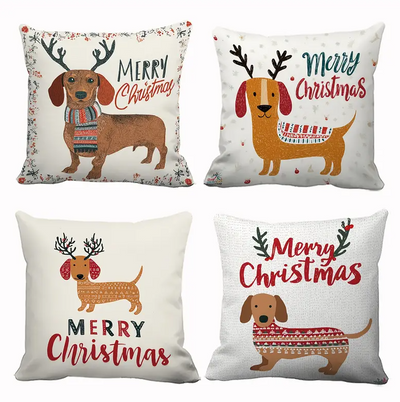 Kerst Kussenhoezen Set van 4 – Dachshund & Rendier Design