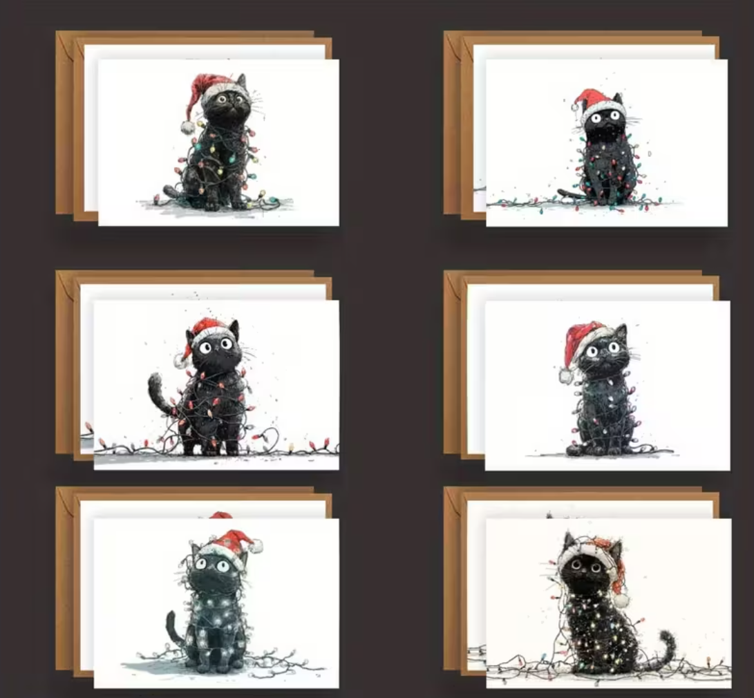 Set van 12 Kerstkaarten met Zwarte Katten