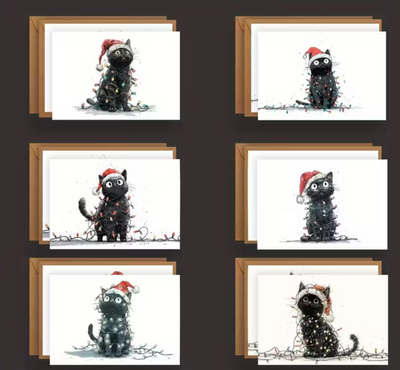 Set van 12 Kerstkaarten met Zwarte Katten