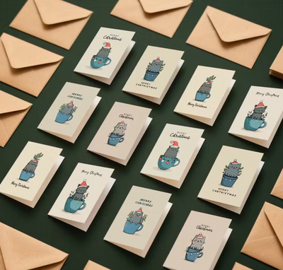 Set van 12 Kerstkaarten met Katten In Tas