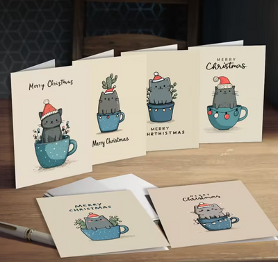 Set van 12 Kerstkaarten met Katten In Tas