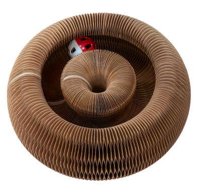 Interactief kattenspeeltje met rollend balletje in een stevig, rond frame.