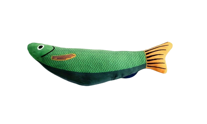 Saury vis kattenspeeltje van textiel met opvallend vispatroon.