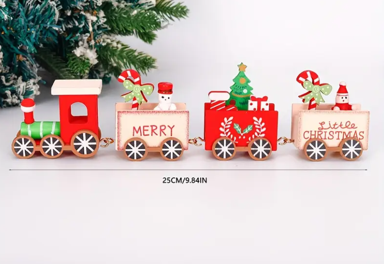 Decoratieve Kleine Houten Kersttrein – Bruin & Wit