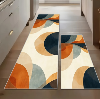 Tapis de cuisine abstrait géométrique orange, vert, beige