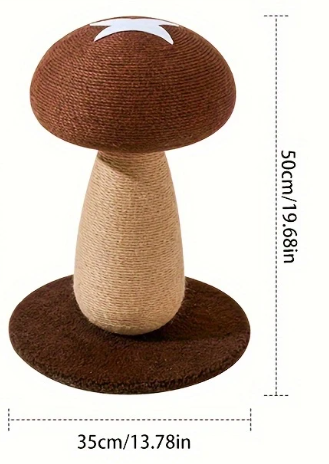 Kattenkrabpaal in de vorm van een paddenstoel, met een sisal krabgedeelte voor gezonde nagels. Afmetingen: hoogte 50 cm en breedte 35 cm.