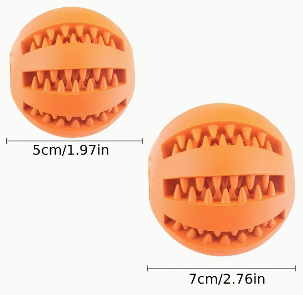 Oranje voedselbal voor katten en pups in 2 maten met tandverzorgende structuur.