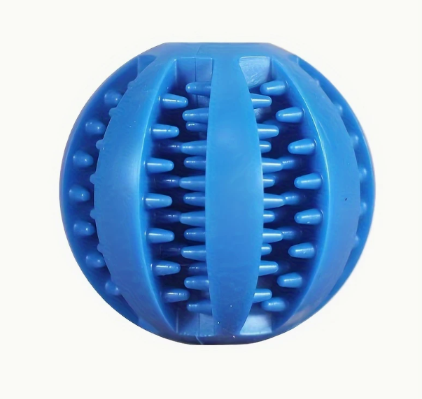 Rubberen voedselbal in blauw, met groeven voor snoepjes en tandreiniging.
