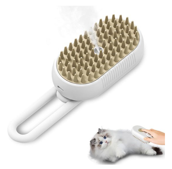 Elektrische stoomkattenborstel met draaibare handgreep, ideaal voor het verwijderen van losse haren en het geven van een ontspannende massage.